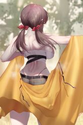 1girl absurdres back bird breasts brown_shorts cloak eonsang falcon falcon_(girls&#039;_frontline) from_behind girls&#039;_frontline girls&#039;_frontline_neural_cloud hair_ribbon highres hood hooded_cloak large_breasts panty_straps red_ribbon ribbon shorts sideboob sockdolager_(neural_cloud) solo steaming_body strapless sweat tube_top white_tube_top yellow_cloak