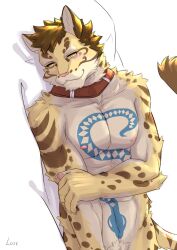 1boy abs animal_ears brown_hair chinese_commentary claws closed_mouth commentary_request furry furry_male highres leopard_boy leopard_ears leopard_tail likulau_(nekojishi) lying male_focus muscular muscular_male nekojishi nipples nude on_side pawpads pectorals smile snake_tattoo tail tattoo white_background wnhfduvnn7eo6be