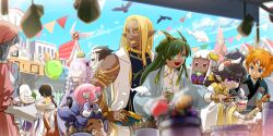Rule 34 | animal ears, armlet, azarak fafnir, bird, black hair, black horns, blue hair, blunt bangs, blurry, blurry foreground, bracelet, character request, cloud, dark-skinned male, dark skin, day, earrings, electrum (pfsoz), facial mark, forehead mark, fuu (pixiv fantasia age of starlight), green eyes, green hair, hair ornament, hand on own hip, highres, hoop earrings, horns, jar, jewelry, long hair, marcel (pixiv fantasia age of starlight), market, multiple rings, orange eyes, outdoors, pixiv fantasia, pixiv fantasia scepter of zeraldia, purple eyes, ranjullo tomorry, red eyes, ring, sou- -you, string of flags, vial, virna fey piedra, yellow eyes, zenaida cuervas