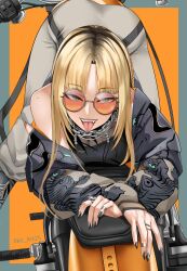 1girl absurdres animal_print black_hair black_jacket blonde_hair blunt_ends curtained_hair grey_pants highres hololive hololive_dev_is jacket koganei_niko letterman_jacket long_hair looking_at_viewer multicolored_hair off_shoulder pants slit_pupils solo straight_hair streaked_hair sukajan sunglasses sweatpants tiger_print tongue tongue_out top-down_bottom-up virtual_youtuber xkit