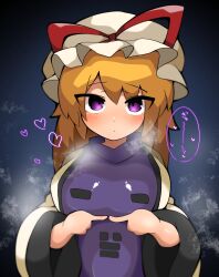 1girl blonde_hair blush breasts closed_mouth dark_background dress expressionless hari_oekaki hat heart highres index_fingers_together large_breasts long_hair long_sleeves looking_at_viewer mob_cap purple_eyes purple_tabard solo steam tabard touhou upper_body white_dress yakumo_yukari