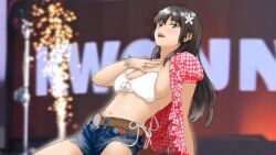 1girl belt black_hair blue_eyes blurry blurry_background bra bracelet breasts brown_belt chantanapot checkered_clothes checkered_shirt cosplay denim denim_shorts flower gingham_shirt hair_flower hair_ornament hand_on_own_chest highres jewelry kwon_eun-bi kwon_eun-bi_(cosplay) long_hair looking_at_viewer meme multiple_rings navel open_clothes open_mouth open_shirt red_shirt ring saten_ruiko shirt shorts solo stage toaru_kagaku_no_railgun toaru_majutsu_no_index underwear white_bra