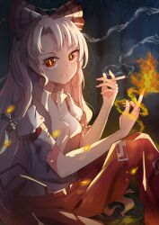 1girl amane_alice bow breasts burnt_clothes cigarette collared_shirt fire fujiwara_no_mokou hair_bow hair_ribbon highres long_hair looking_at_viewer medium_breasts multiple_hair_bows night outdoors pants pyrokinesis red_bow red_eyes red_suspenders red_trim ribbon shirt short_sleeves sitting small_breasts smoke smoking solo suspenders touhou tree two-tone_bow valentine white_bow white_hair white_shirt