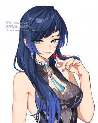 1girl alternate_hair_length alternate_hairstyle blue_hair breasts dated dice earrings genshin_impact gradient_hair green_eyes highres jewelry long_hair looking_at_viewer medium_breasts mole mole_on_breast multicolored_hair nail_polish ojo_aa parted_lips purple_nails signature simple_background sleeveless solo tassel upper_body watermark white_background yelan_(genshin_impact)