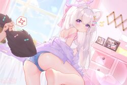1girl :t absurdres akovo animal_ear_fluff animal_ears barefoot blue_shorts camisole cat_ears cat_girl cat_tail closed_mouth commentary hair_ornament hairclip highres indoors jacket long_hair long_sleeves looking_at_viewer looking_back original panties pout purple_eyes purple_jacket short_shorts shorts solo_focus symbol-only_commentary tail tail_grab underwear white_camisole white_hair white_panties window