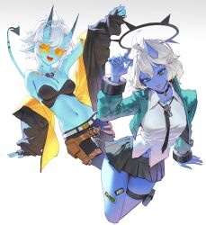 1girl absurdres black_bra black_necktie black_pants blue_horns blue_oni blue_skin blue_tail bra breasts colored_skin commentary cosplay costume_switch crossover dark_halo fang genderswap genderswap_(mtf) green_jacket grey_hair guilty_gear guilty_gear_strive hair_between_eyes hair_between_horns halo happy_chaos happy_chaos_(cosplay) highres horns jacket looking_at_viewer medium_breasts midriff miniskirt multicolored_horns multiple_girls navel necktie off_shoulder oni open_mouth pants pointy_ears red_eyes shirt short_hair sidelocks skin-covered_horns skin-covered_tail skirt smile soukaku_(zenless_zone_zero) soukaku_(zenless_zone_zero)_(cosplay) spiked_halo strapless strapless_bra tinted_eyewear tongue tongue_out two-tone_horns two-tone_tail underwear white_hair white_shirt wonbin_lee x-shaped_eyewear zenless_zone_zero