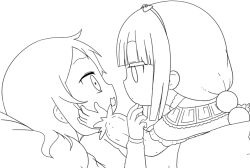 2girls alechon child eye_contact face-to-face female_focus hair_bobbles hair_ornament hairband hand_on_another&#039;s_cheek hand_on_another&#039;s_face kanna_kamui kobayashi-san_chi_no_maidragon kodomo_doushi long_hair looking_at_another lying lying_on_person monochrome multiple_girls on_back open_mouth saikawa_riko shirt white_background yuri