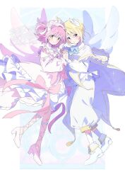 1boy 1girl artist_name cape closed_mouth commentary dress frilled_dress frills highres hinamori_amu holding_hands hotori_tadase interlocked_fingers light_blush long_sleeves looking_at_viewer medium_dress medium_hair pants parted_lips pink_hair red_eyes serizawa_serizane shirt short_hair shugo_chara! smile twitter_username watermark white_cape white_dress white_pants white_shirt wings yellow_eyes