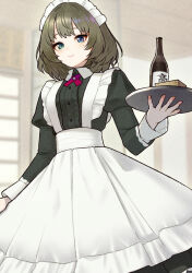 1girl alternate_costume apron black_dress blush bob_cut bottle center_frills commentary_request dress enmaided fingernails frilled_apron frills green_hair highres idolmaster idolmaster_cinderella_girls indoors juliet_sleeves long_sleeves looking_at_viewer maid maid_apron maid_headdress masu mole mole_under_eye oumi_mizu puffy_sleeves sake_bottle smile solo takagaki_kaede white_apron wooden_cup