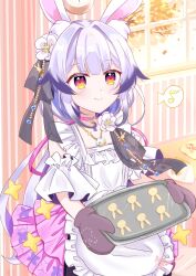 1girl alternate_costume alternate_hairstyle animal_ears apron bare_shoulders black_skirt blush choker clock closed_mouth colored_tips detached_sleeves eighth_note flower frilled_apron frills hair_flower hair_intakes hair_ornament hair_ribbon highres holding holding_tray indoors jewelry lanyin lizouzouzou_buxingli long_hair looking_at_viewer multicolored_eyes multicolored_hair musical_note necklace oven_mitts pink_eyes purple_hair rabbit_ears red_pupils ribbon short_sleeves skirt smile solo spoken_musical_note star_(symbol) tray very_long_hair virtual_dimension_project virtual_youtuber white_apron white_flower window xy_production yellow_eyes