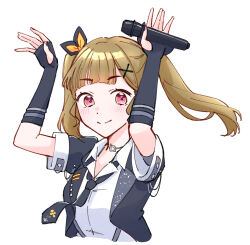 Rule 34 | 1girl, arms up, black jacket, black necktie, brown hair, center-flap bangs, closed mouth, collared shirt, commentary, dress shirt, elbow gloves, fingerless gloves, floating neckwear, gloves, hair ornament, highres, holding, holding microphone, i do me! (love live!), jacket, kachimachi kosuzu, link! like! love live!, looking at viewer, love live!, microphone, necktie, official alternate costume, official alternate hairstyle, open clothes, open jacket, shirt, short-sleeved jacket, short sleeves, simple background, smile, solo, split mouth, symbol-only commentary, twintails, upper body, virtual youtuber, white background, white shirt, x hair ornament, zangemiya