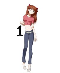 1girl amondetauro blue_pants breasts crotch highres long_hair navel neon_genesis_evangelion orange_hair outside_border pants red_shirt sandals shirt small_breasts solo souryuu_asuka_langley swimsuit white_sandals