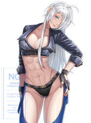 Rule 34 | 1girl, abs, angel (kof), aosa (jmzg2528), backless pants, blue eyes, breasts, chaps, cleavage, crop top, cropped jacket, fingerless gloves, gloves, hair over one eye, highres, jacket, large breasts, leather, leather jacket, long hair, looking at viewer, midriff, muscular, muscular female, navel, panties, pants, simple background, smile, snk, solo, the king of fighters, the king of fighters xiv, toned, underwear, white background, white hair