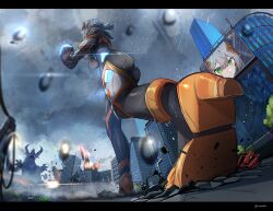 Rule 34 | 1girl, absurdres, aircraft, armor, ass, bodysuit, breasts, broken glass, building, city, cloud, cloudy sky, colossus (natsukaze shigure), debris, destruction, explosion, foreshortening, from below, giant, giantess, glass, green eyes, grey hair, grey sky, helicopter, hexagon print, highres, impossible bodysuit, impossible clothes, kaiju, large breasts, letterboxed, long hair, magical girl, monster, natsukaze shigure, original, outdoors, overcast, rain, reflection, rubble, short hair, skin tight, sky, skyscraper, standing, variant set