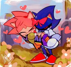 1boy 1girl amy_rose blush carrying carrying_person closed_eyes commentary dress embarrassed expressionless heart highres humanoid_robot metal_sonic princess_carry red_eyes red_ribbon ribbon robot sonic_(series) sonic_the_hedgehog sonic_the_hedgehog_(classic) strangerato