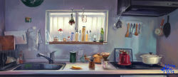 absurdres cooking_oil cutting_board dated dishwashing_soap flower frying_pan hand_soap highres indoors kitchen kitchen_hood measuring_cup muted_color no_humans original pepper_shaker pot purple_theme roomscape scenery signature sink spatula stove towel tsugawa_yuiko window