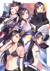 1girl animal_ears babigonice bare_shoulders belt bikini bikini_under_clothes birthday black_bikini black_hair black_jacket blush border breasts brown_shoes claw_(weapon) closed_eyes closed_mouth collarbone commentary dated detached_sleeves earrings english_commentary final_fantasy final_fantasy_vii final_fantasy_vii_ever_crisis grey_scarf hair_ornament happy_birthday highres jacket japanese_clothes jewelry kimono kneehighs long_hair long_sleeves looking_at_viewer medium_breasts midriff multiple_views navel obi official_alternate_costume open_mouth outside_border rabbit_ears rabbit_tail red_eyes sash scarf see-through_clothes see-through_shirt shirt shoes short_sleeves side-tie_bikini_bottom single_earring skirt sleeveless sleeveless_kimono sleeves_past_wrists smile socks squatting stomach suspender_skirt suspenders swept_bangs swimsuit tail tied_shirt tifa_lockhart tifa_lockhart_(armor_of_the_worthy) tifa_lockhart_(bunny_bustier) tifa_lockhart_(festive_blue_daffodil_attire) tifa_lockhart_(lifeguard) tifa_lockhart_(midgard_seventh_high_school) upper_body weapon white_border white_shirt white_sleeves white_socks wolf_ears