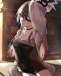 Rule 34 | 1girl, absurdres, arm behind head, black choker, black dress, black hair, blue archive, blurry, blurry background, bookshelf, breasts, cardigan, choker, cleavage, collarbone, commentary request, covered navel, cowboy shot, demon girl, demon horns, dress, eyelashes, grey cardigan, grey hair, grey halo, hair between eyes, halo, head tilt, highres, horns, indoors, kayoko (blue archive), kayoko (dress) (blue archive), korean commentary, long hair, looking at viewer, medium breasts, multicolored hair, nia noki, official alternate costume, official alternate hairstyle, open cardigan, open clothes, parted lips, red eyes, short dress, sidelighting, single bare shoulder, sitting, sleeveless, sleeveless dress, sleeves past wrists, solo, spaghetti strap, straight hair, tsurime, two-tone hair, very long hair