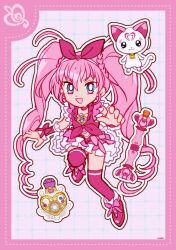 Rule 34 | 1girl, blue eyes, boots, border, bow, bow hairband, bow skirt, bowtie, braid, bright pupils, brooch, cat, cropped shirt, cure melody, deformed, dot nose, dotted line, earrings, eyelashes, footwear bow, frilled shirt, frilled skirt, frilled wrist cuffs, frills, full body, grey background, grid background, hair between eyes, hair ornament, hairband, happy, heart, heart brooch, heart earrings, heart hair ornament, highres, houjou hibiki, hummy (suite precure), jewelry, knee up, lace-up boots, leg up, long hair, magical girl, miniskirt, open mouth, outline, over-kneehighs, pink boots, pink border, pink bow, pink bowtie, pink hair, pink shirt, pink skirt, pink socks, pink vest, pink wrist cuffs, precure, shirt, signature, skirt, sleeveless, sleeveless shirt, smile, socks, suite precure, thighhighs, tsurime, twintails, twintails with braided base, uwded 207, very long hair, vest, wand, wavy hair, white cat, white hairband, white outline, white pupils, wrist bow, wrist cuffs