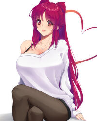 Rule 34 | 1girl, absurdres, black pantyhose, brown eyes, crossed legs, heart, heart necklace, highres, jewelry, kousaka tamaki, long hair, necklace, pantyhose, red hair, rein akane, sitting, solo, sweater, to heart (series), to heart 2, twintails, very long hair, white background, white sweater
