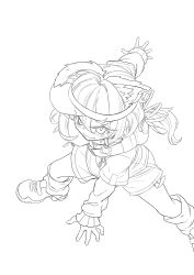 1girl ahoge animal_ear_fluff animal_ears arm_support fang from_above greyscale hair_between_eyes hair_ribbon highres hood hood_down hoodie imizu_(nitro_unknown) jacket layered_sleeves legs_apart lineart long_hair long_sleeves looking_at_viewer loose_socks low_ponytail low_twintails mamehinata monochrome ponytail ribbon shirt shoes short_over_long_sleeves short_shorts short_sleeves shorts simple_background sleeves_past_wrists smile sneakers socks solo tail twintails v-shaped_eyebrows visor_cap vrchat white_background