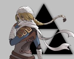 1girl adjusting_clothes adjusting_scarf bandaged_arm bandages blonde_hair braid floating_clothes floating_hair floating_scarf hair_between_eyes hand_up highres long_hair mask mouth_mask nintendo nishikuromori pink_eyes scarf sheik single_braid solo the_legend_of_zelda the_legend_of_zelda:_ocarina_of_time triforce turban white_scarf