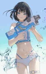 1girl absurdres bare_shoulders bikini black_hair blue_bow blue_eyes blush bow braid breasts bullpup choker closed_mouth crop_top gun hair_bow hair_ornament highres holding holding_water_gun looking_at_viewer mashiro_kta midriff navel one-piece_swimsuit original short_hair smile solo stomach swimsuit thigh_strap water water_drop water_gun white_bikini
