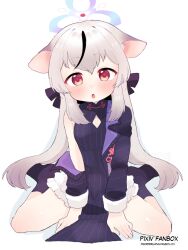 1girl ahoge animal_ears black_bow black_dress black_jacket black_socks blue_archive blush bow breasts china_dress chinese_clothes clothing_cutout diamond_cutout dress grey_hair hair_bow halo jacket kokona_(blue_archive) long_hair long_sleeves looking_at_viewer nakajima_lupus off-shoulder_jacket off_shoulder open_clothes open_jacket open_mouth orange_eyes sitting skirt sleeveless sleeveless_dress small_breasts socks striped_clothes striped_dress striped_jacket tiger_ears tiger_girl white_skirt