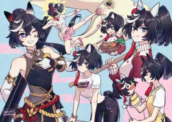 1girl adversarial_noise animal_ears bare_shoulders basket black_dress black_hair black_pants blue_eyes breasts calligraphy_brush carrot closed_mouth crossed_bangs denim denim_shorts detached_sleeves dress ear_covers flip-flops garlic gaze_on_me!_outfit_(umamusume) giant_brush giant_squid grin hair_between_eyes hair_ornament hand_puppet hi_(ibisf5umauma) highres holding holding_brush horse_ears horse_girl horse_tail jacket katsuragi_ace_(pen_name:_ink_dragon)_(umamusume) katsuragi_ace_(umamusume) kicking long_sleeves looking_at_viewer male_swimwear midriff multicolored_hair multiple_views navel open_mouth paint_on_body paintbrush pants ponytail potato puppet red_jacket sandals sash scrunchie shirt short_hair shorts sleeveless sleeveless_dress sleeves_rolled_up small_breasts smile streaked_hair swim_trunks tail tassel tassel_hair_ornament tied_shirt track_jacket twitter_username uma_summer_(umamusume) umamusume v-shaped_eyebrows watermark wrist_scrunchie wristband