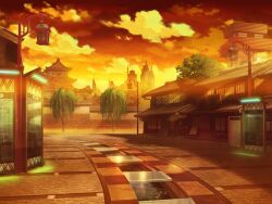 architecture artist_request cloud cobblestone east_asian_architecture fence game_cg lamppost magia_record:_mahou_shoujo_madoka_magica_gaiden mahou_shoujo_madoka_magica map no_humans official_art orange_sky outdoors scenery sky skyline sparkle stream sunset town tree willow