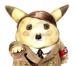 Rule 34 | adolf hitler, armband, clothed pokemon, cosplay, costume, crossover, facial hair, fusion, gen 1 pokemon, ichiko (vein), lowres, mustache, nazi, necktie, nintendo, no humans, parody, pikachu, pokemon, pokemon (creature), real life, real life insert, salute, simple background, solo, straight-arm salute, swastika, toothbrush mustache, what, white background