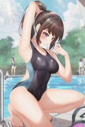 4girls black_hair black_one-piece_swimsuit blue_sky blurry blurry_background blush breasts brown_hair cloud commentary_request competition_school_swimsuit competition_swimsuit day hair_ornament hairband highres holding long_hair medium_breasts minato_ojitan multiple_girls one-piece_swimsuit original outdoors ponytail pool school_swimsuit short_hair sky stopwatch swimsuit tree watch white_hairband