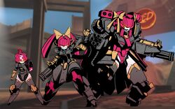 Rule 34 | 3girls, absurdres, alarm siren, armor, blurry, blurry background, bow, clenched teeth, colored sclera, colored skin, commentary, corrugated galvanized iron sheet, dual wielding, english commentary, full body, game screenshot background, gatling gun, hair bow, highres, holding, minigun, multiple girls, outdoors, personification, power armor, railroad tracks, red hair, robot girl, salamander (popo51332877), screenshot background, sentry, sharp teeth, standing, team fortress 2, teeth, twintails, v-shaped eyebrows, white skin, yellow bow, yellow eyes, yellow sclera