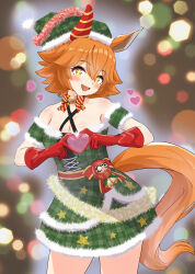 +_+ 1girl absurdres animal_ears bare_shoulders blurry blurry_background blush breasts cleavage commentary cowboy_shot daruma_doll dress ear_covers flipped_hair fur-trimmed_dress fur-trimmed_headwear fur_trim gloves green_hat hair_between_eyes hat highres horse_ears horse_girl horse_tail iltusano matikanefukukitaru_(umamusume) orange_hair orange_tail red_gloves santa_costume santa_hat short_hair single_ear_cover solo tail umamusume