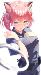 1girl absurdres ahoge akami_karubi animal_ears belt_pouch cowboy_shot crazy_raccoon cuffs gradient_hair grey_eyes grey_pants grey_shirt highres looking_at_viewer medium_hair multicolored_hair noyk_iv pants parted_lips pouch red_hair shirt shirt_tucked_in short_sleeves simple_background solo twintails virtual_youtuber white_background