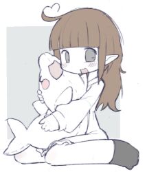 Rule 34 | 1girl, ahoge, alternate hairstyle, black eyes, black socks, blush, commentary, ellen (great bluesea), english commentary, funamusea, heart, heart ahoge, highres, holding, holding stuffed toy, long hair, long shirt, long sleeves, looking at viewer, messy hair, oounabara to wadanohara, open mouth, pointy ears, shirt, sitting, smile, socks, solo, stuffed animal, stuffed shark, stuffed toy, wadanohara, wariza, white shirt