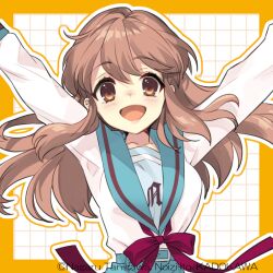 1girl :d arms_up artist_name asahina_mikuru blue_sailor_collar blue_skirt breasts brown_eyes brown_hair collarbone commentary_request ito_noizi kita_high_school_uniform long_hair long_sleeves looking_at_viewer open_mouth pleated_skirt red_ribbon ribbon sailor_collar school_uniform second-party_source serafuku skirt smile solo suzumiya_haruhi_no_yuuutsu tongue watermark winter_uniform