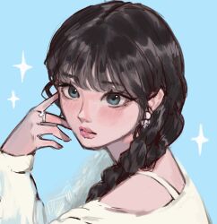 1girl black_hair blue_background blue_eyes blunt_bangs blush braid braided_ponytail commentary english_commentary eunha_(gfriend) eyelashes gfriend highres jewelry k-pop long_sleeves pink_lips profile real_life ring sidelocks simple_background solo sparkle sui_(suirenzn)