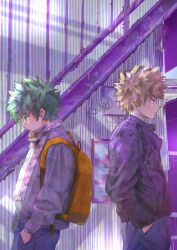Rule 34 | 2boys, absurdres, backpack, bag, bakugou katsuki, black jacket, black pants, blonde hair, boku no hero academia, closed mouth, commentary request, from side, green eyes, green hair, hands in pockets, highres, jacket, koromo06418109, long sleeves, looking ahead, looking down, male focus, midoriya izuku, multiple boys, orange bag, pants, profile, stairs, standing