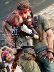 1girl 2boys 3d armor arms_up bad_tag bandana belt biggs_(ff7) black_hair blue_pants breastplate brown_hair closed_eyes final_fantasy final_fantasy_vii final_fantasy_vii_remake fingerless_gloves gloves green_pants headband highres jessie_rasberry kissing_cheek medium_hair multiple_belts multiple_boys one_eye_closed open_mouth pants parted_lips ponytail red_bandana red_headband ria-neearts shirt shoulder_armor square_enix t-shirt upper_body wedge_(ff7) wink