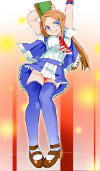 Rule 34 | 1girl, ascot, blue eyes, blue thighhighs, book, breasts, brown hair, capelet, castlevania: portrait of ruin, castlevania (series), charlotte aulin, closed mouth, dress, full body, long hair, looking at viewer, medium breasts, onnaski, skirt, smile, solo, thighhighs