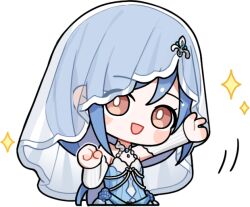 1girl artist_request bare_shoulders blue_dress blue_hair blush_stickers bright_pupils brown_eyes buttons chibi clenched_hand cropped_torso daughter_of_the_lake_(infinity_nikki) detached_sleeves dress fleur-de-lis grey_sleeves happy hat_ornament head_tilt infinity_nikki jewelry long_hair long_sleeves low-tied_long_hair low_ponytail motion_lines necklace nikki_(series) official_art open_mouth outstretched_arm ponytail second-party_source see-through_clothes see-through_veil shell sleeveless sleeveless_dress smile solo sparkle tareme transparent_background veil vertical-striped_sleeves very_long_hair white_pupils white_veil