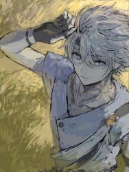 1boy ancient_greek_clothes antenna_hair blue_eyes buttons chiton commentary_request greco-roman_clothes hand_up highres honkai:_star_rail honkai_(series) male_focus neck_tattoo parted_bangs phainon_(a_dream_scented_in_wheat)_(honkai:_star_rail) phainon_(honkai:_star_rail) shirt short_hair solo sun_symbol sun_tattoo tan tattoo upper_body vmvmzzztg white_hair white_shirt