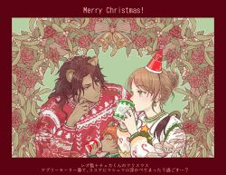 1girl 2boys animal_ears bell brown_eyes brown_hair cheka_kingscholar child christmas commentary_request crowdance cup dark-skinned_male dark_skin drinking flower green_eyes hair_bun hat hetero holding holding_cup holly leona_kingscholar lion_boy lion_ears lion_tail long_hair looking_at_another mistletoe mug multiple_boys red_flower red_sweater santa_hat sweater tail translation_request turtleneck turtleneck_sweater twisted_wonderland ugly_sweater white_sweater yuu_(twisted_wonderland)