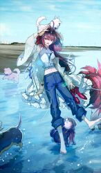 Rule 34 | 1girl, :d, animal, animal ears, animal on head, arm at side, arm up, barefoot, beach, blue pants, blue sky, breasts, commentary request, corset, crop top, daikaku (fate), day, denim, dog, dog ears, endo (takolegs), fake animal ears, fate/grand order, fate (series), floating hair, flower, full body, game cg, hair flower, hair intakes, hair ornament, halterneck, holding, holding shoes, holding unworn clothes, jeans, keno (fate), kobungo (fate), kyokutei bakin (fate), long hair, long sleeves, looking at viewer, low-tied long hair, midriff, multiple dogs, navel, official alternate costume, official art, on head, open mouth, outdoors, pants, pants rolled up, photo background, red nails, red sandals, sandals, shading eyes, shinbei (dog) (fate), shirt, shoes, sky, sleeveless, sleeveless shirt, smile, solo, sousuke (fate), splashing, standing, standing on one leg, third-party source, toenails, toes, unworn shoes, very long hair, wading
