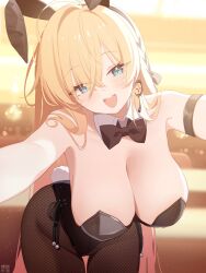 +_+ 1girl animal_ear_hairband animal_ears arm_strap bare_shoulders black_bow black_bowtie black_leotard black_pantyhose blonde_hair blue_eyes blush bow bowtie breasts cleavage detached_collar deyui fake_animal_ears fake_tail fishnet_pantyhose fishnets hair_intakes hairband head_tilt highres large_breasts leotard long_hair looking_at_viewer noya_(stella_sora) open_mouth outstretched_arms pantyhose rabbit_ear_hairband rabbit_ears rabbit_tail smile solo stella_sora strapless strapless_leotard tail teeth upper_teeth_only
