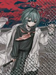 1girl absurdres ahoge bandaged_neck bandages black_serafuku black_shirt black_skirt blue_eyes chinese_commentary closed_mouth coat coat_on_shoulders colored_eyelashes commentary_request cowboy_shot empty_eyes expressionless fence green_hair hair_intakes hair_ornament hairclip highres lab_coat long_skirt long_sleeves neckerchief original outdoors pleated_skirt red_neckerchief red_sky sailor_collar sailor_shirt school_uniform serafuku shirt short_hair shuru_shenme_mingzi skirt sky solo