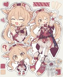 Rule 34 | 1girl, ;d, ?, absurdres, animal ears, arm up, beret, blonde hair, blush, boots, borrowed character, brown eyes, buttons, cape, chibi, closed eyes, commission, commissioner name, deformed, eating, fang, fangs, floppy ears, food, food on face, hand up, hat, heart, highres, holding, holding food, jacket, kanamochi kanato, layered sleeves, liavel (yorinana tw), long sleeves, looking at viewer, low twintails, miniskirt, multiple views, needle, no pupils, notice lines, one eye closed, open mouth, original, outline, pantyhose, paper, poet sleeves, puffy long sleeves, puffy sleeves, red footwear, red hat, second-party source, sewing needle, sewing pin, shirt, short eyebrows, short over long sleeves, short sleeves, sidelocks, simple background, skeb commission, skin fang, skin fangs, skirt, smile, speech bubble, spoken question mark, spool, star (symbol), sword, thread, twintails, two-handed, v, weapon, white outline, white pantyhose, white shirt, white skirt, white sleeves