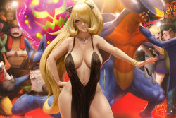 1girl ace_trainer_(pokemon) alternate_costume bare_arms bare_hips bare_shoulders black_dress blonde_hair bracelet breasts brown_eyes center_opening character_request cleavage closed_mouth collarbone cosplay cowboy_shot crowd cynthia_(pokemon) dated dress epic evening_gown garchomp gen_4_pokemon gen_6_pokemon hair_over_one_eye hand_on_own_hip heart heart-shaped_eyes high_ponytail hiker_(pokemon) jewelry large_breasts limgae long_hair looking_at_viewer lucario nail_polish navel nintendo outstretched_arm pancham pancham_(cosplay) pelvic_curtain poke_fan_(pokemon) pokemon pokemon_dppt pokemon_xy ponytail red_carpet signature sleeveless sleeveless_dress smile solo_focus spiritomb thighs togekiss tourist_(pokemon) very_long_hair watermark web_address
