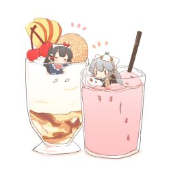 0_0 2girls black_jacket blazer blue_jacket blush_stickers bow brown_cardigan cardigan cherry chibi closed_eyes colored_shadow cup drinking_straw food fruit grey_hair hair_between_eyes higuchi_kaede higuchi_kaede_(1st_costume) in_container in_cup jacket long_hair mini_person minigirl multiple_girls nijisanji notice_lines open_clothes open_jacket pink_bow ponytail rebecca_(keinelove) school_uniform shadow simple_background tsukino_mito tsukino_mito_(1st_costume) very_long_hair virtual_youtuber white_background